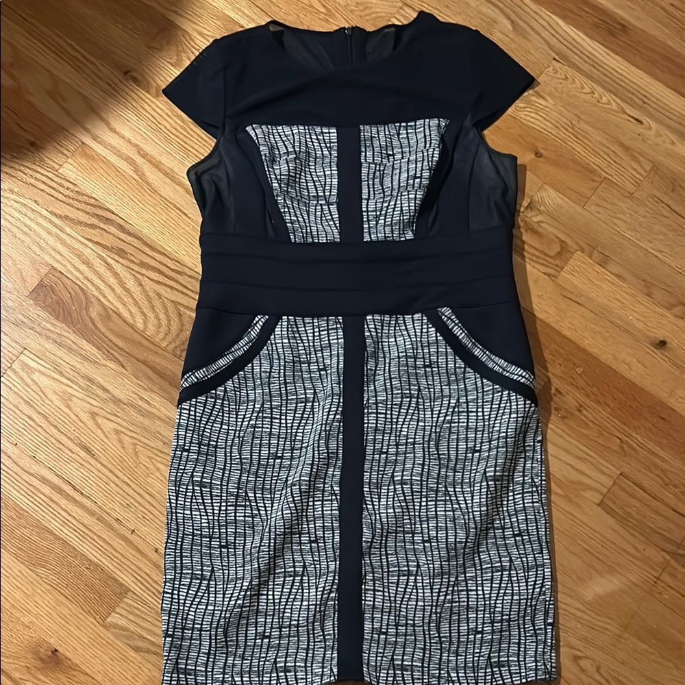 Calvin Klein Black and White Sheath Dress with Flutter Sleeves